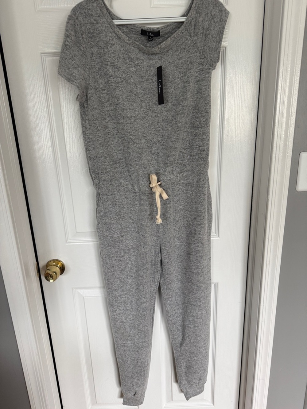 Lulu's Heather Gray Short Sleeve Knit Jumpsuit with Drawstring